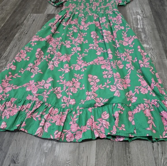 J. Crew Factory Smocked Midi Dress Floral Green/ Pink Puff Short Sleeves Size M - Picture 5 of 13
